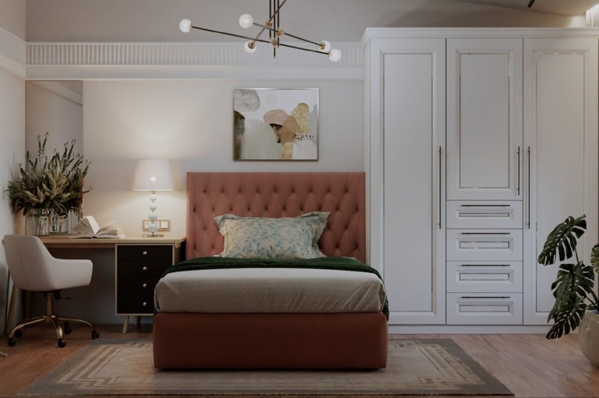 Дизайн-проект спальни, выполненный дизайнером Валентиной Юсуповой из Москвы, выпускницей Школы дизайна интерьеров Катерины Дубровской