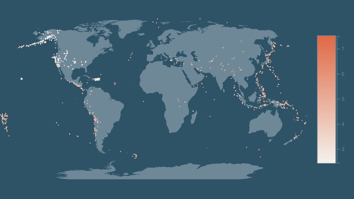 Статистика землетрясений мощнее 2.5 баллов на планете за Апрель-Май 2019, визуально отмеченные на карте мира
