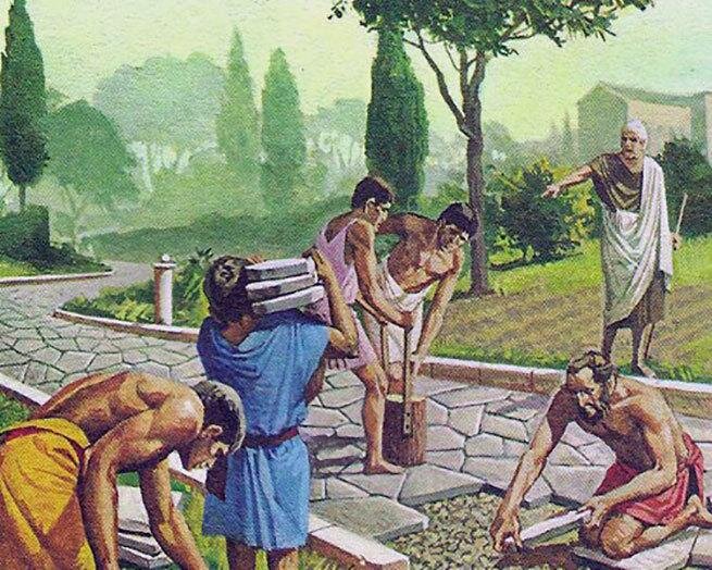 Государственные рабы на дорожных работах. Современная иллюстрация.