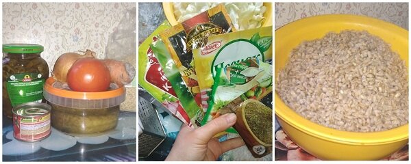 ингредиенты, специи и подготовленная перловка