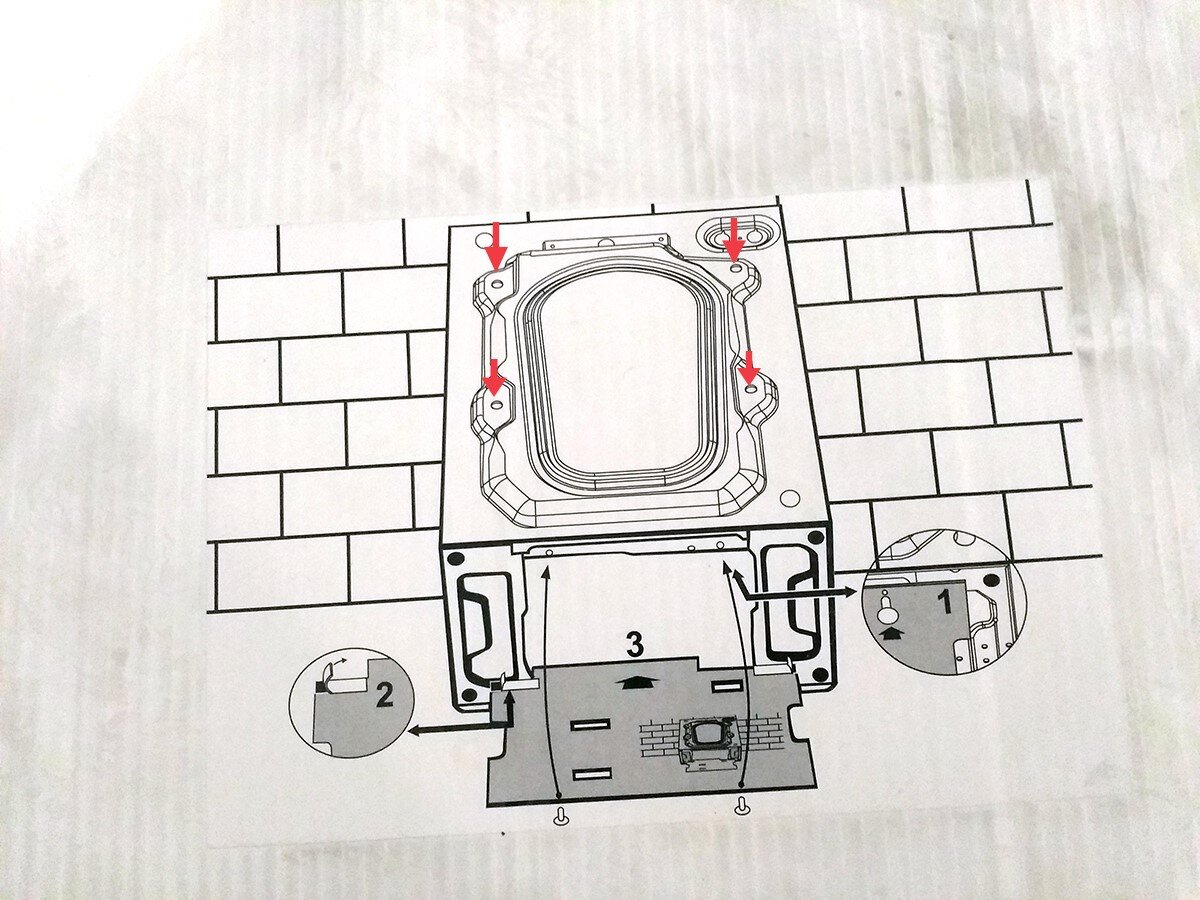 Схема с моей стиральной машины. Вид сзади. Красными стрелочками отметила места, где были монтажные болты.