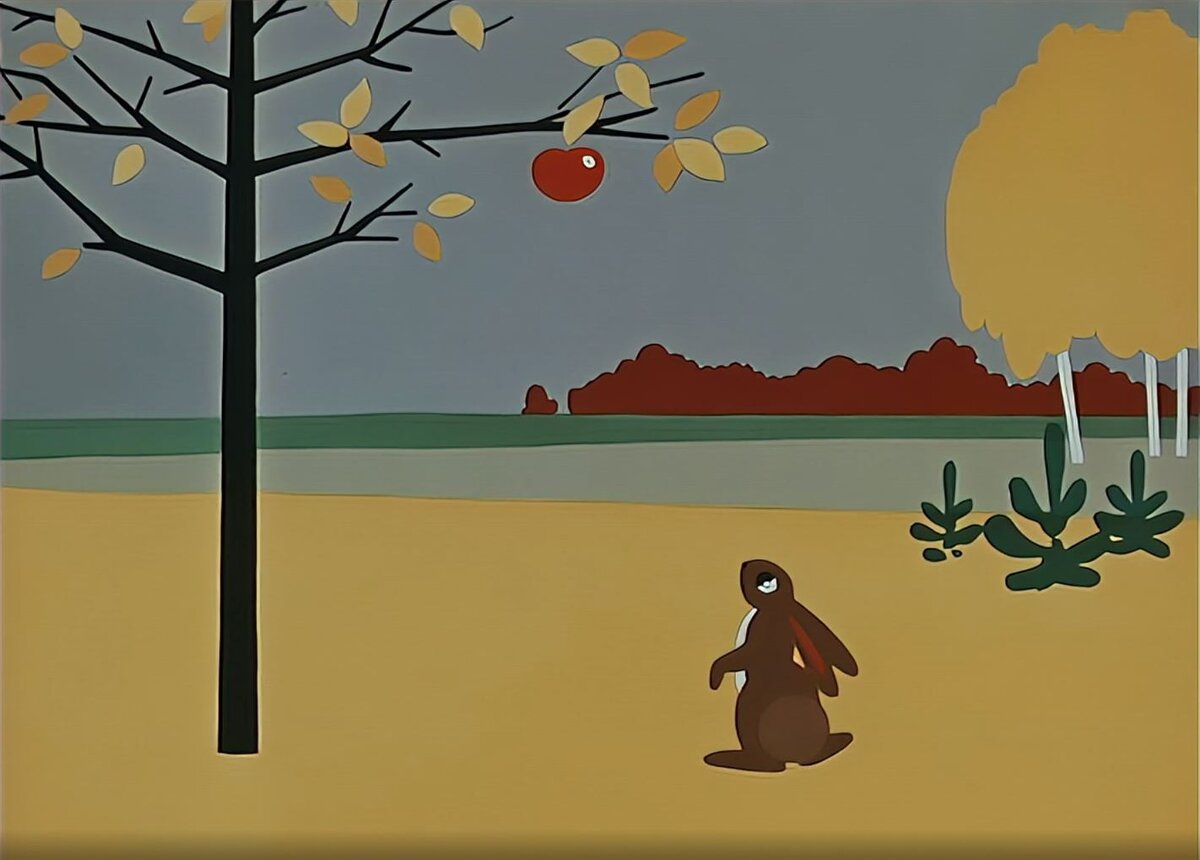 дело происходит осенью, яблоко осталось одно на яблоне. Странно, что раньше никто не нашёл его. Заяц решил, что сам факт обнаружения - это юридическая претензия на ресурс.