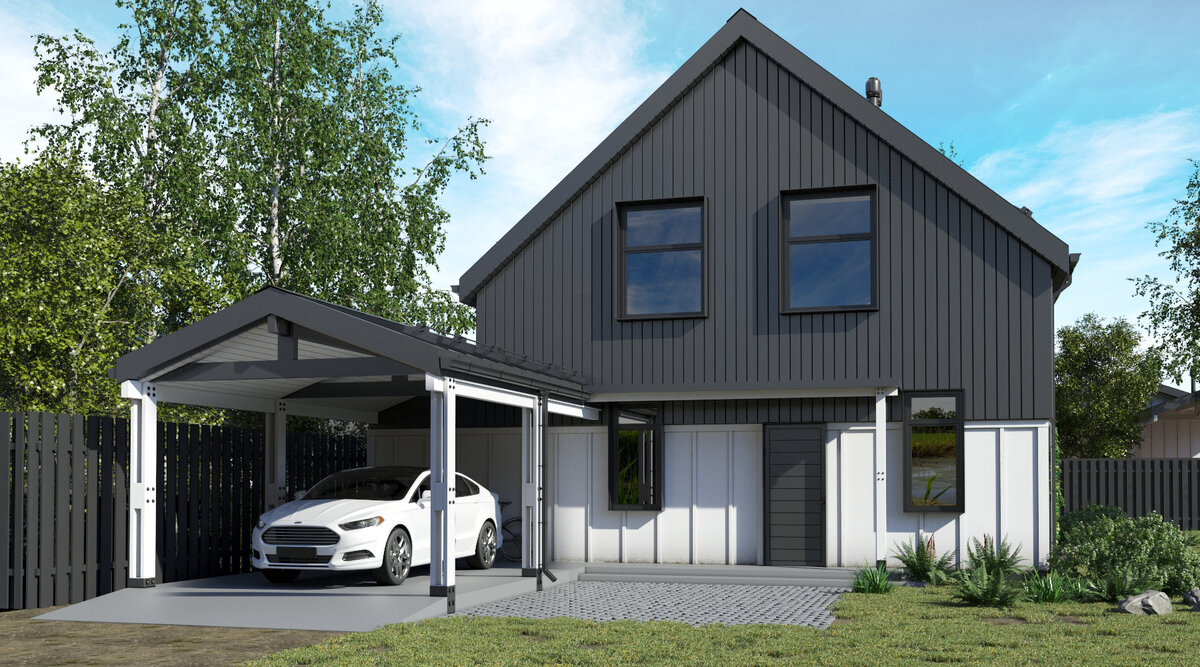 Вид на входную группу, с навесом под машину