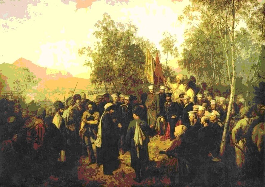 Картина «Пленный Шамиль перед князем А. И. Барятинским» Теодора Горшельта (1829–1871). В 1858-1863 гг. он состоял волонтером при штабе главнокомандующего русскими войсками на Кавказе князя А.И. Барятинского, был участником многих походов. Награжден орденами Св. Станислава 3-й ст. и Св. Анны 3-й ст., а также памятным крестом в честь покорения Кавказа. В 1861 г. сопровождал императора Александра II в инспекторском объезде Кавказской армии и в поездке по Крыму; В 1863 г. возвратился в Мюнхен, где в том же году по заказу Барятинского создал картину «Пленный Шамиль перед князем А. И. Барятинским». Из Мюнхена картина была привезена в Санкт-Петербург. После Октябрьской революции она была передана в Дагестан и в настоящее время экспонируется в Дагестанском  музее в Махачкале. В 1867 г. на Всемирной выставке в Париже получил золотую медаль за полотно «Штурм укреплений на горе Гуниб».                                       