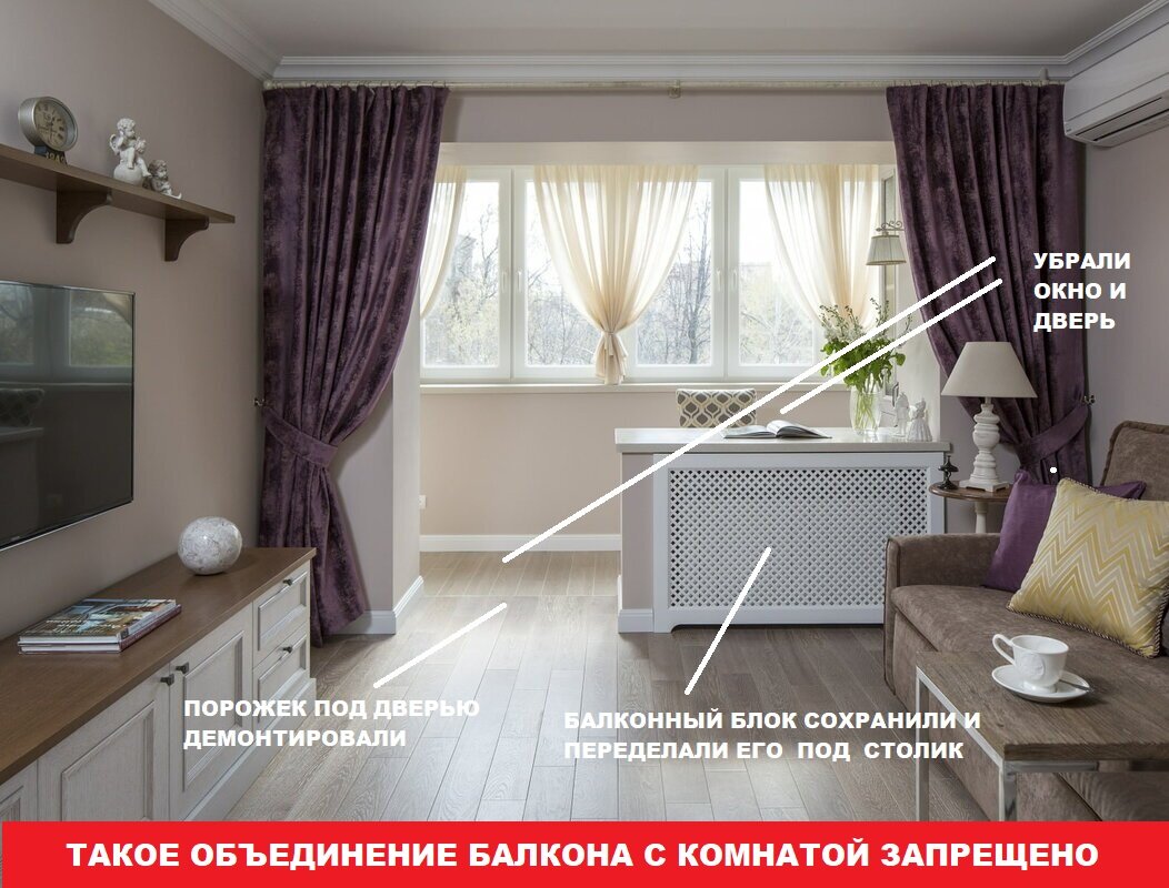 Пример несогласуемого варианта перепланировки квартиры с объединением балкона и жилой комнаты. Исходное фото взято из Яндекс-картинок.