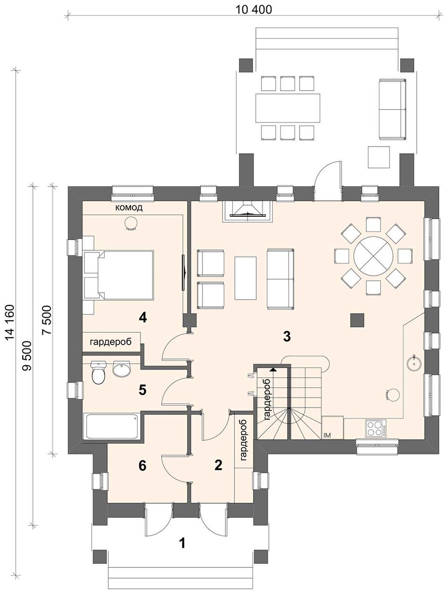 1-й ЭТАЖ: 1. крыльцо главного входа, 2. прихожая - 4.6 кв.м, 3. холл, каминная, гостиная, кухня, лестница - 41.3 кв. м, 4. спальня - 13.5 кв.м, 5. душ - 5.4 кв.м, 6. котельная - 6.0 кв.м, 7. выход на участок, терраса.