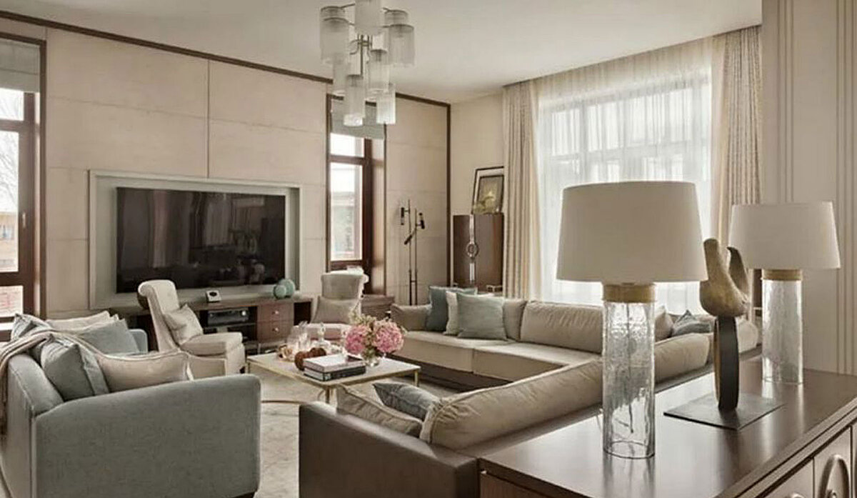 Мебель для гостиной в современном стиле. Домашний кинотеатр и мягкая группа.