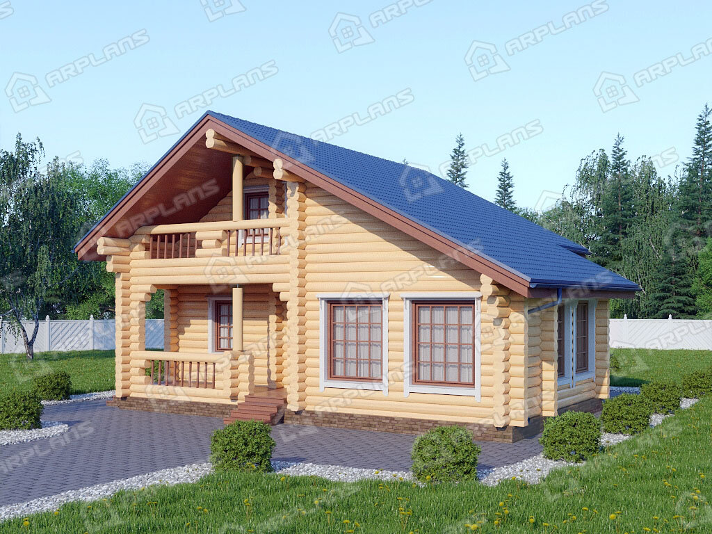 Фото 2 деревянного двухэтажного дома из бревна с мансардой, 2 спальнями, балконом, газовой котельной и террасой. Полезная площадь 111 кв м. Источник arplans.ru Проект ДО-095