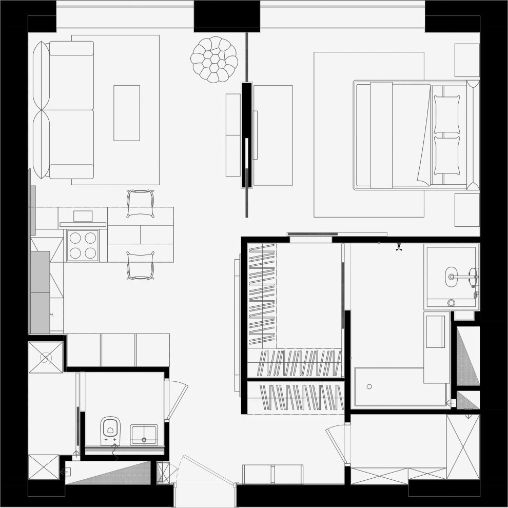 Планировку создавали под себя: обустроили объединённую кухню-гостиную, изолированную спальню, выделили два санузла, две гардеробных и кладовую. Чтобы не дробить пространство, на пол во всей квартире, включая жилые зоны, положили керамогранит.