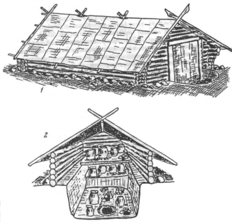 
Реконструкция внешнего (1) и внутреннего (2) вида «домика мертвых» дьяковской культуры.
Источник фото: генофонд.рф