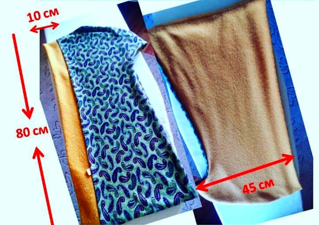 Получается, жёлтая флисовая полоса выкраивается на 20 см шире синей, по тому же лекалу. Фото автора. 