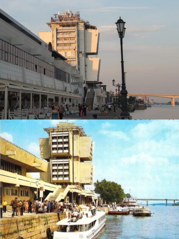    Открытка Ростова-на-Дону с изображением Речного вокзала середины 1980-х годов и его вид в 2023 году   
// фото: Владислава Попова, группа VK: Ростов-на-Дону/История Ростова-на-Дону