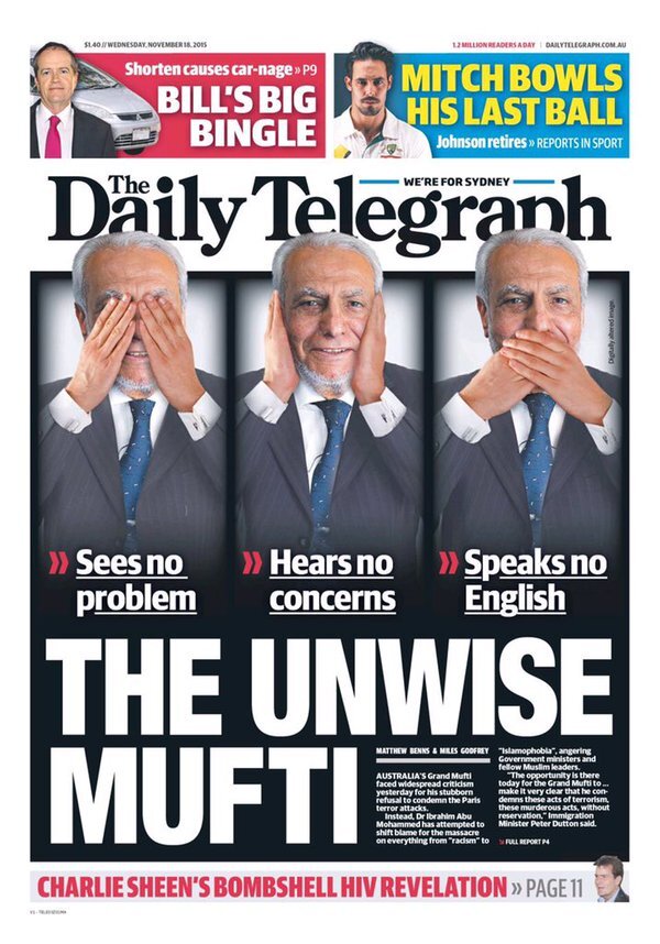 Обложка сиднейской газеты «The Daily Telegraph», от 18 ноября 2015 г.