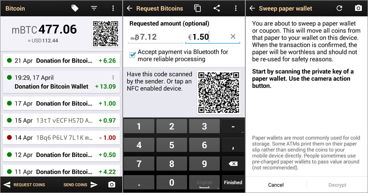 интерфейс BTC-кошелька для Android