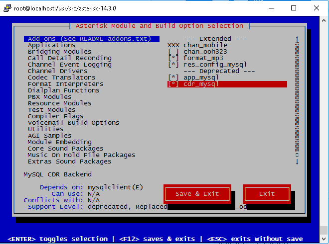 Deprecated mysql. Установка Asterisk Centos 7. Asterisk установка и настройка компьютеров. Menuselect Asterisk что выбрать