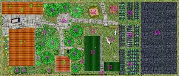 Глянем на план. 1 – жилое здание. 2 – гараж. 3 – летняя кухня. 4 – помещение для хранения угля или инвентаря. 5 – дровяник. 6 - баня. 7 – цветник. 8 – плодово ягодные кусты. 9 – плодовые деревья. 10 – хозяйственные постройки. 11 – выгульный двор. 12 – грубые корма (сено). 13 – компостная куча (навоз). 14 – огород. 15 – водопроводная колонка.