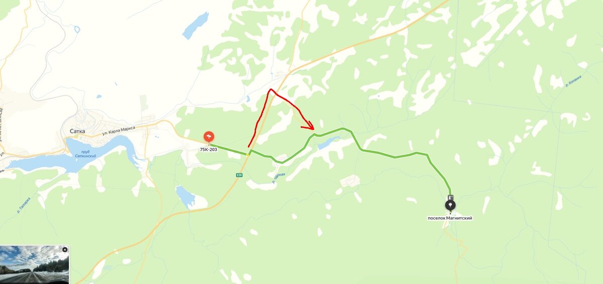 "Правильный" вариант заезда к посёлку Магнитский выделен красным.