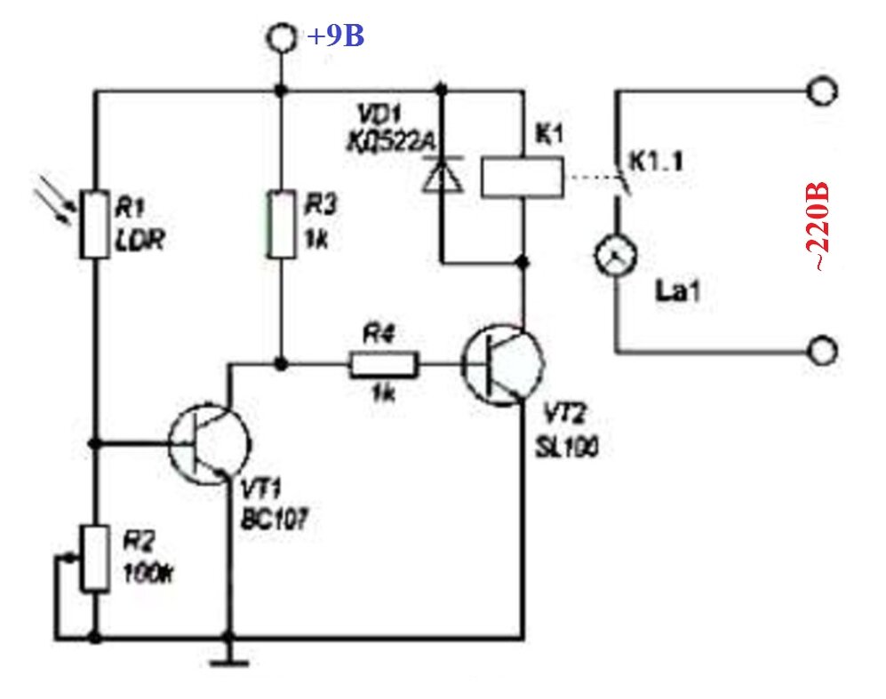 Схема датчика освещения на фоторезисторе и реле