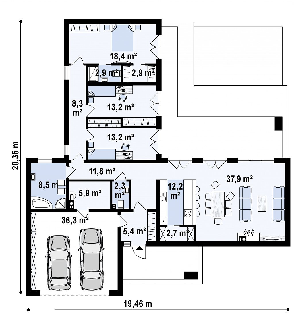 Одноэтажный современный дом 19х20 м., с гаражом на 2 машины, общей площадью 181 кв.м.