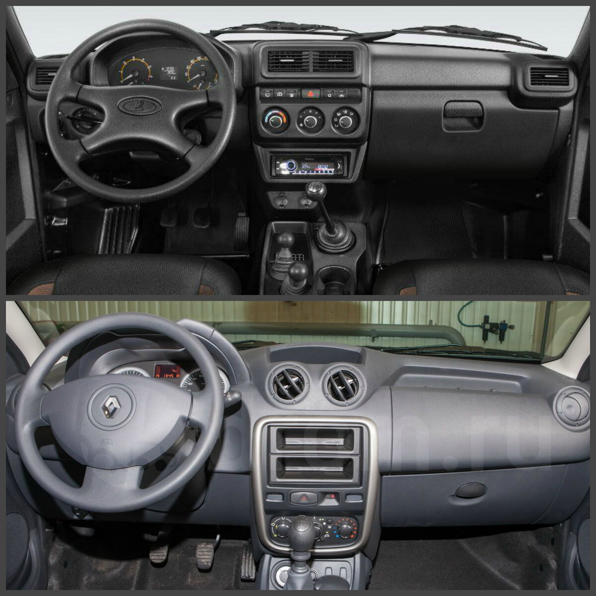 Не до конца обновленная лада 4*4, то есть без нового руля и рулевой колонки. Кто-то пророчил появление новых переключателей МКП и раздаткой. Дастер на фото, не совсем в бомж комплектации, у него виднее муфта переключения режимов полноприводной трансмиссии и вроде бы присутствует кондиционер.