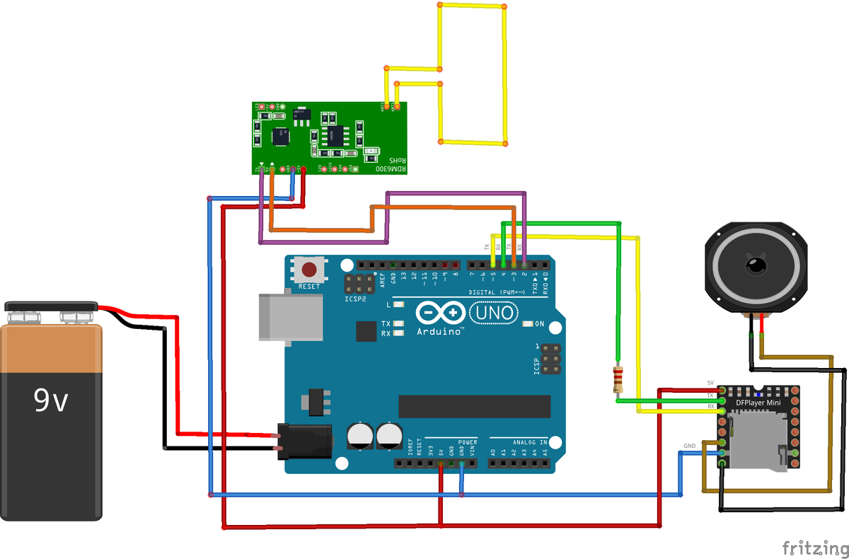 Схема подключения RFID считывателя и MP3 плеера к ардуино