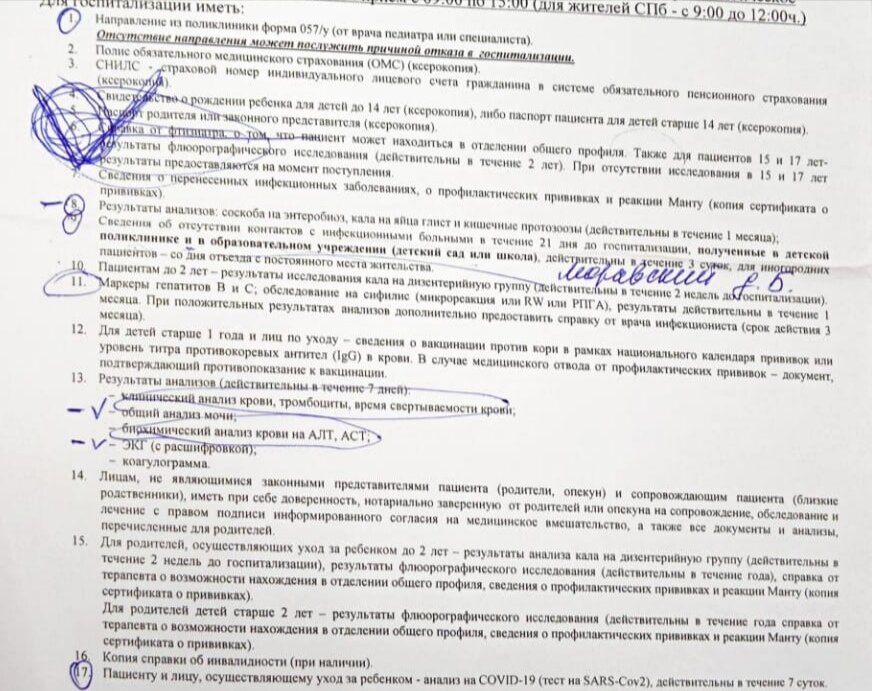 Перечень для госпитализации