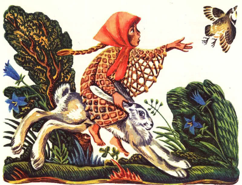 Жили-были два брата: богатый и бедный. Бедный-то овдовел, от жены осталась дочка на седьмом году, потому и прозвали ее Семилеткой. Выросла она. И вот дядя подарил ей плохонькую телушку. Семилетка поила, кормила — выходила ее, и получилась из телушки славная корова; принесла она ей теленка — с золотыми копытцами. Пришли к Семилетке в гости дочери богатого дяди, увидали теленка, пошли и сказали отцу. Богатому захотелось отобрать теленка, а бедный-то не отдает. Спорили, спорили, пришли к воеводе, просят разобрать их дело. Богатый говорит: «Я дарил племяннице только телушку, а не приплод!» А бедный говорит: «Телушка моя, так и приплод мой!» Как тут решить дело? Воевода и говорит им: «Вот отгадайте три загадки! Кто отгадает, того и теленок! Сперва отгадайте: что всего быстрее?»