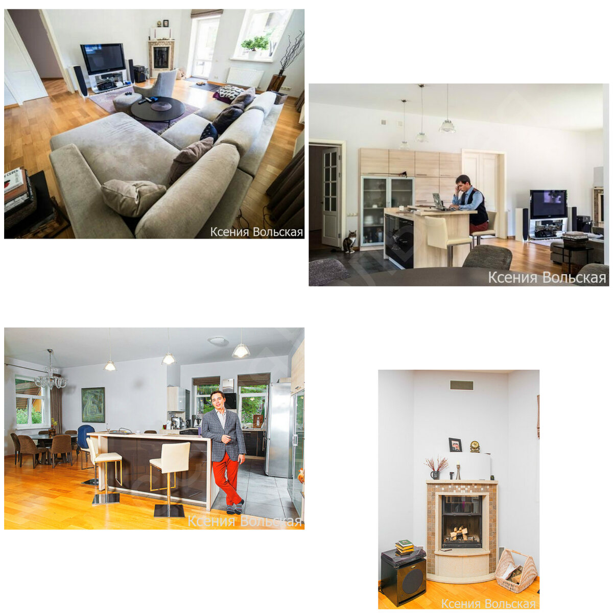 Кухня переходит в обеденную зону, в центре установлена барная стойка. Обеденная зона плавно переходит в гостиную с камином и большим угловым диваном.