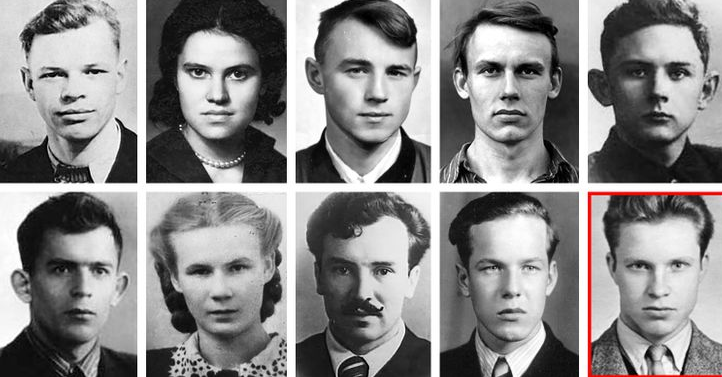 Слева направо: Игорь Дятлов (23 года), Зинаида Колмогорова (22), Рустем Слободин (23), Юрий Дорошенко (21), Георгий Кривонищенко (23), Николай Тибо-Бриньоль (23), Людмила Дубинина (20), Семен Золотарев (38), Александр Колеватов (24), Юрий Юдин (выжил, потому что сошел с дистанции в начале пути из-за травмы ноги).