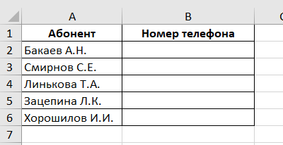 Таблица с телефонными номерами абонентов