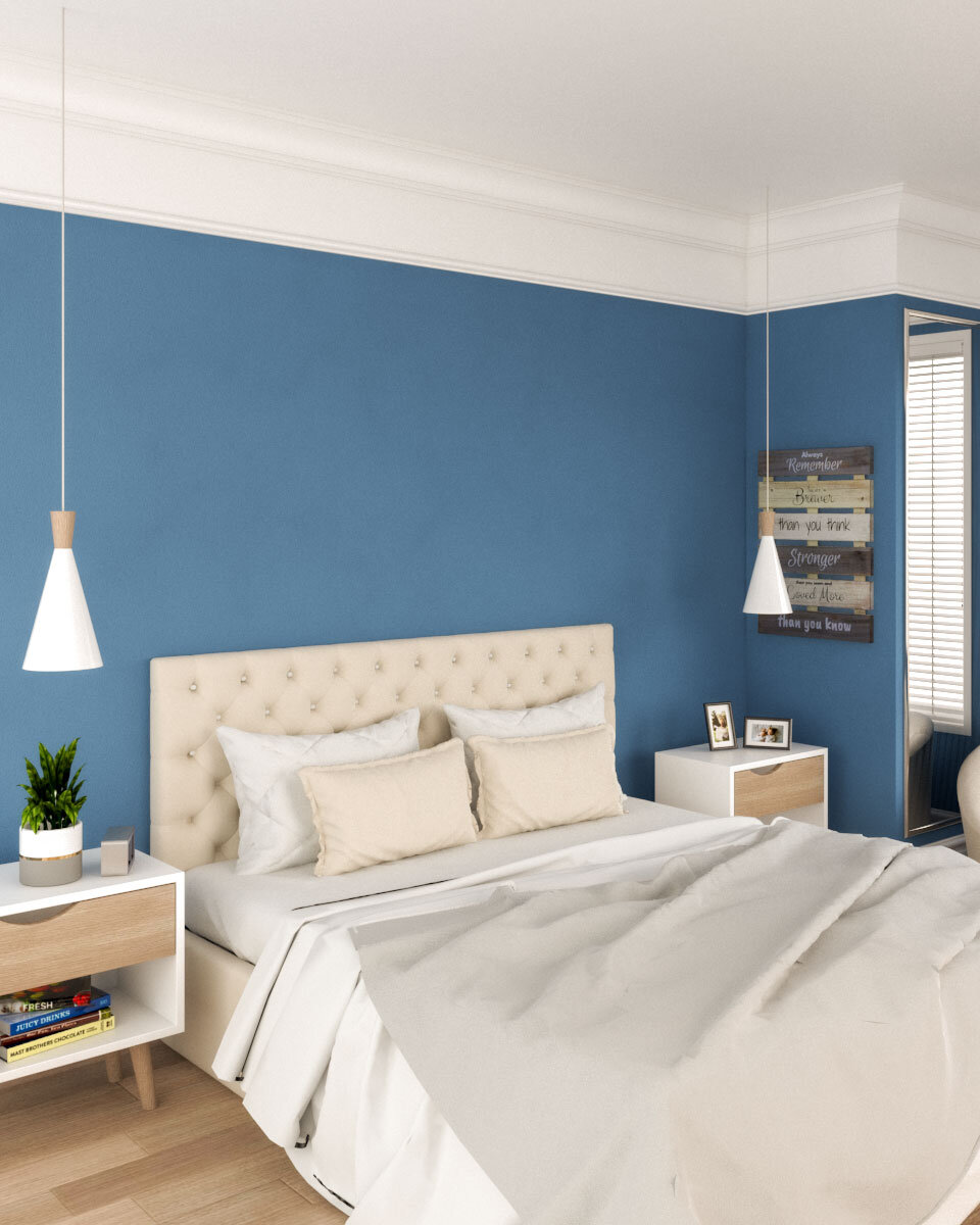 Синий и белый в интерьере спальни