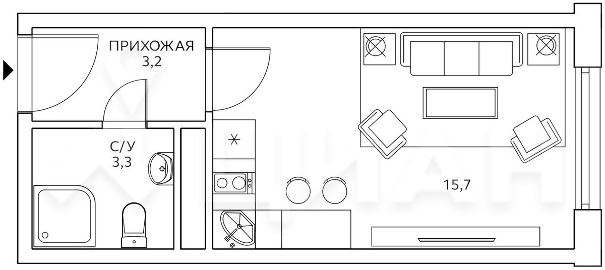 Студия 22,2 м²
