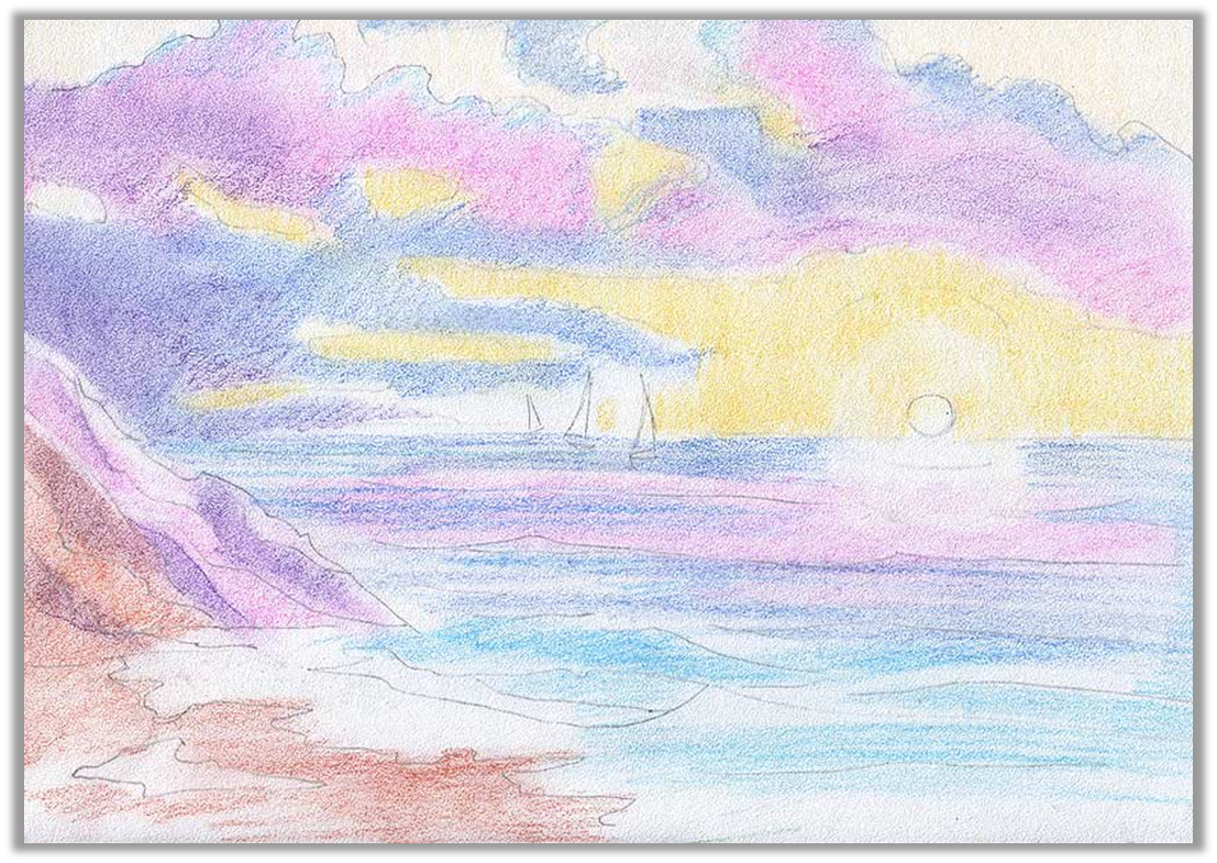 Рисунок красота моря окружающий мир 2 класс. Пейзаж цветными карандашами. Небо цветными карандашами. Пейзаж в пастельных тонах. Пейзаж цветными карандашами для детей.