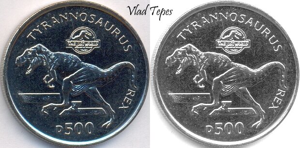 Босния и Герцеговина, 500 динаров 1997 г. с изображением тираннозавра (медно-никелевый сплав) из серии "The Lost World: Jurassic Park" - "Парк юрского периода: Затерянный мир". Серия посвящена сюжетам из одноимённого фильма С. Спилберга