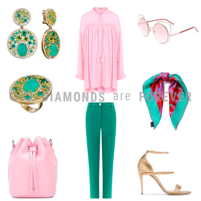 Гарнитур с хризопразами, брюки, блуза и аксессуары