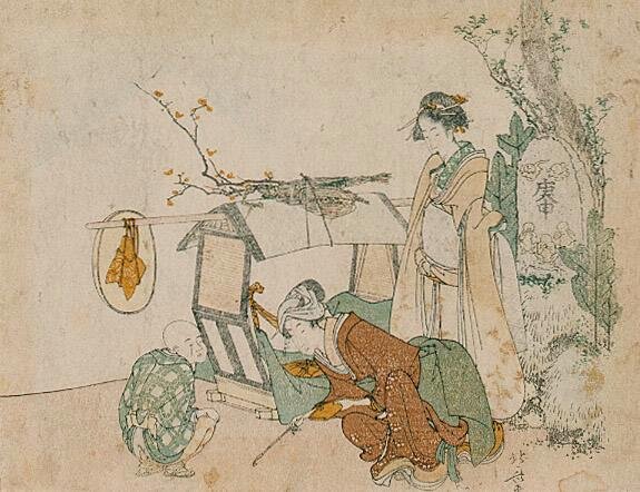 Суримоно. Кацусика Хокусай. 1800 (?) г. Цветная ксилография. 152×198 мм. ГМИИ им. А. С. Пушкина. Инв. №А-30457. В собрании с 1924 г. 