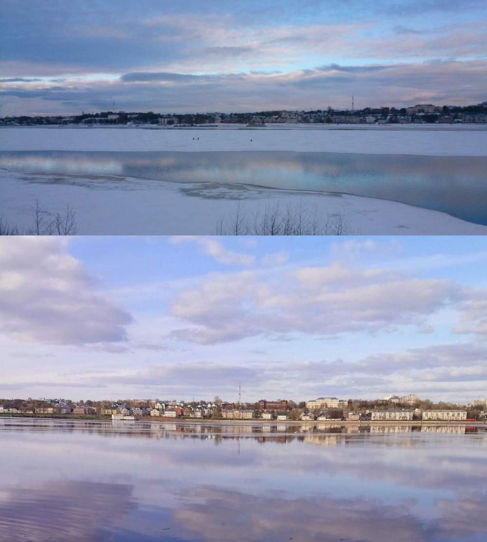Панорама исторической части Костромы :верх-январь; низ:май