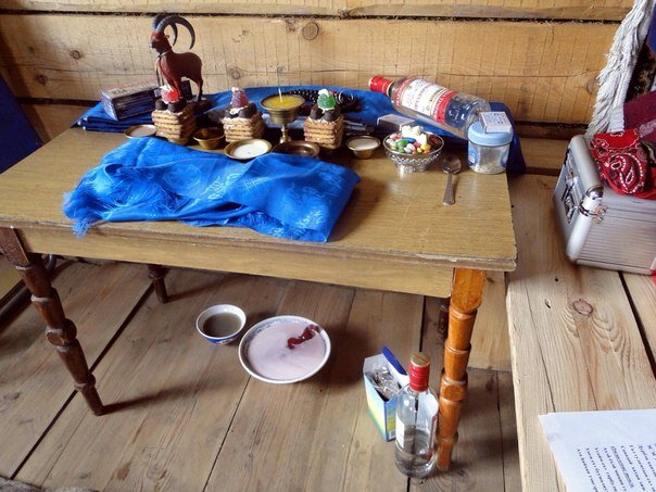 Кузнечный тахил, основной атрибут шамана закрыт хадаком. Кузнечные обряды несут в себе сильную мужскую энергетику. Дархан тэнгэри - мужской культ. На фотографии видно, на столе хадаком что-то прикрыто — то кузнечный инструмент в уменьшенном виде, для камлания. Женщины сильно болеют, если увидят кузнечный атрибут, из за это, от их глаз инструмент прикрывают. (архив Бургэд Тэнгэри)