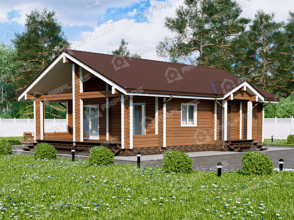 Фото 1 одноэтажного дома из бруса с 1 спальней и террасой, 70 кв м. Источник arplans.ru Проект ДС-175