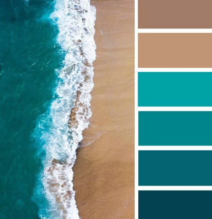 Комбинация бирюзовых и бежевых оттенков.