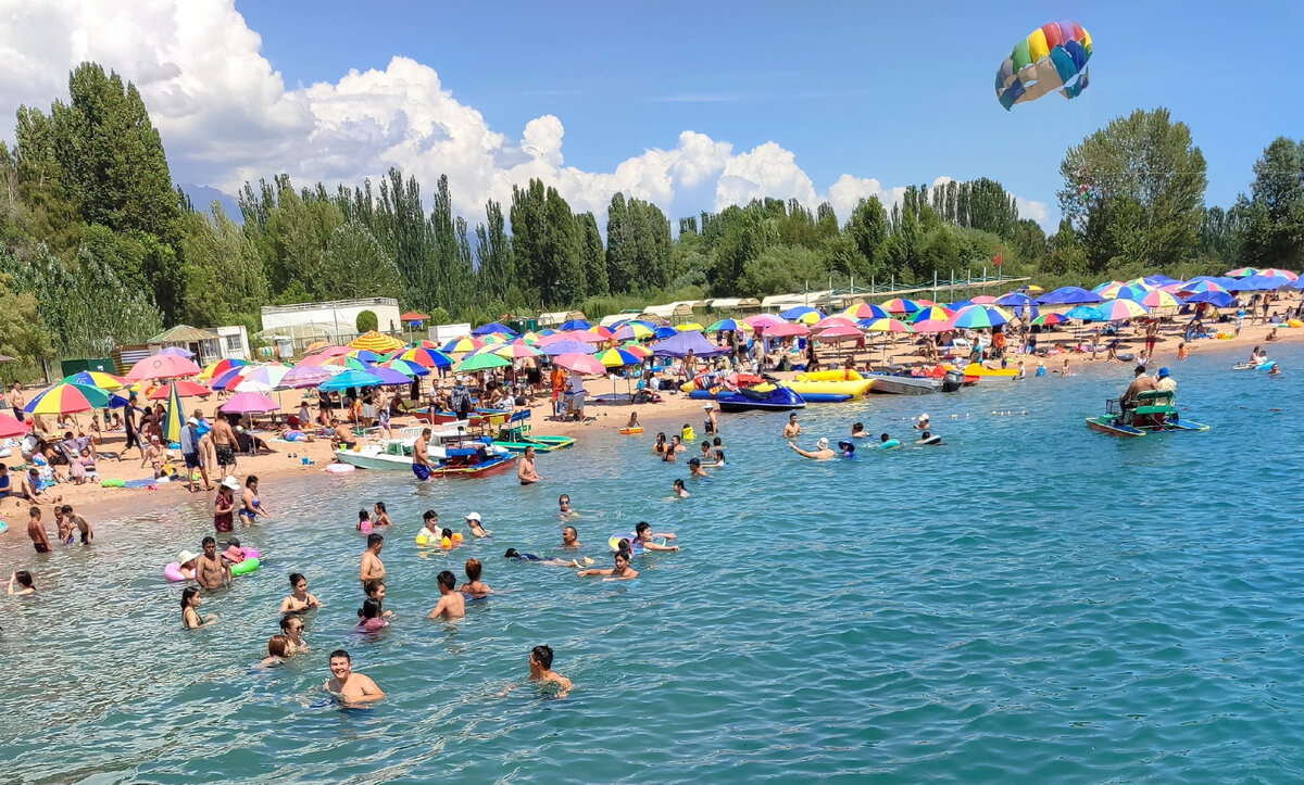 Пляж у санатория "Голубой Иссык-Куль" в Чолпон-Ате