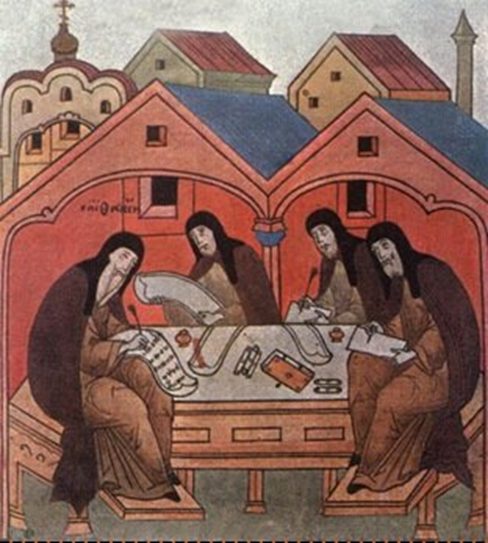 Монахи в монастыре пишут и переписывают книги.