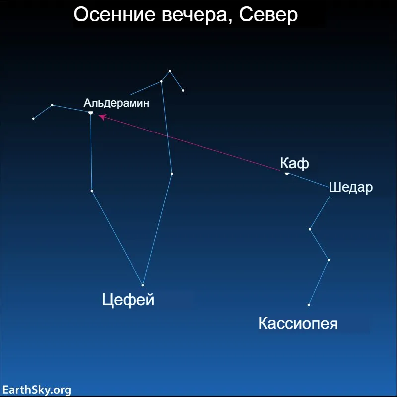 Звездная карта, на которой изображены Цефей и Кассиопея с несколькими помеченными звездами и стрелкой, указывающей на Альдерамин.