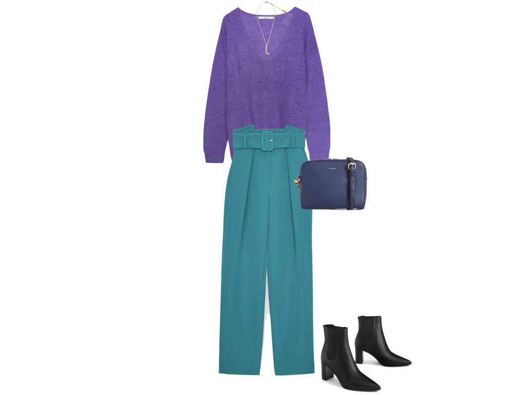 Свитер: 9 290 руб. Брюки: 10 290 руб. Ботильоны: 14 990 руб. Сумка: 9 290 руб. Ожерелье: 3 990 руб.