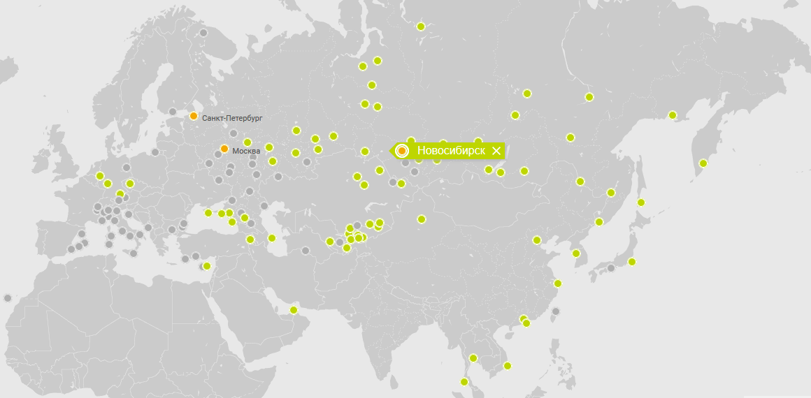 Города, куда есть прямые рейсы из Новосибирска у S7. Данные с официального сайта авиакомпании S7