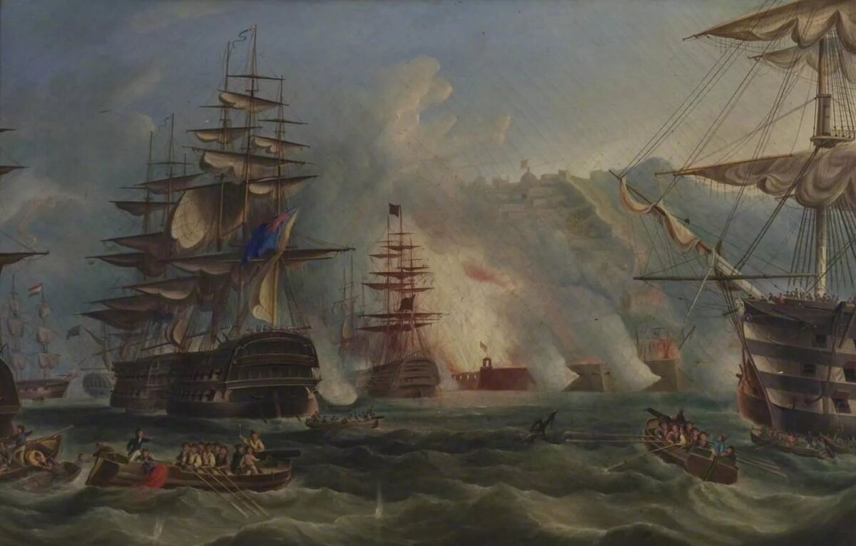 "Бомбардировка самого Алжире". 1816. Ричард Болл Спенсер (Источник: https://ru.wahooart.com/@@/AQV3JK-Richard-Ball-Spencer--Бомбардировка-самого-Алжире-)
