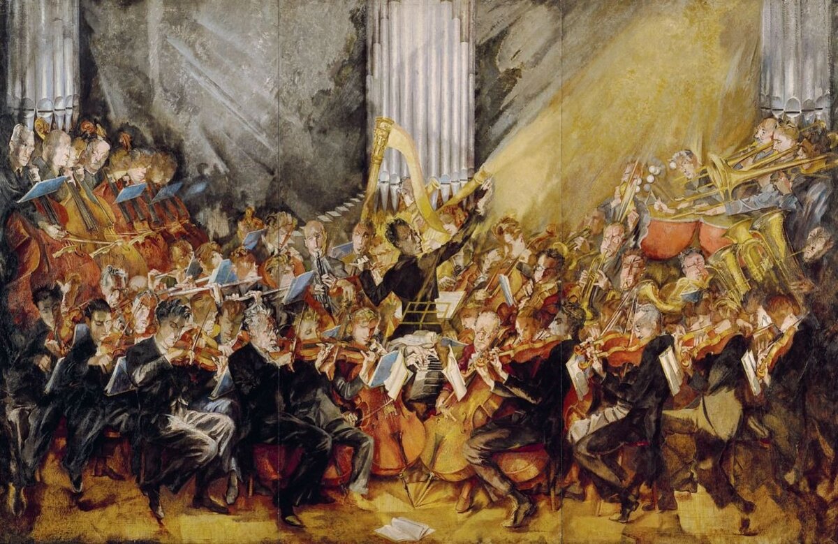 The Orchestra. (Gustav Mahler Conducting The Vienna Philharmonic ), 1935, Max Oppenheimer. 
Austrian (1885 - 1954)