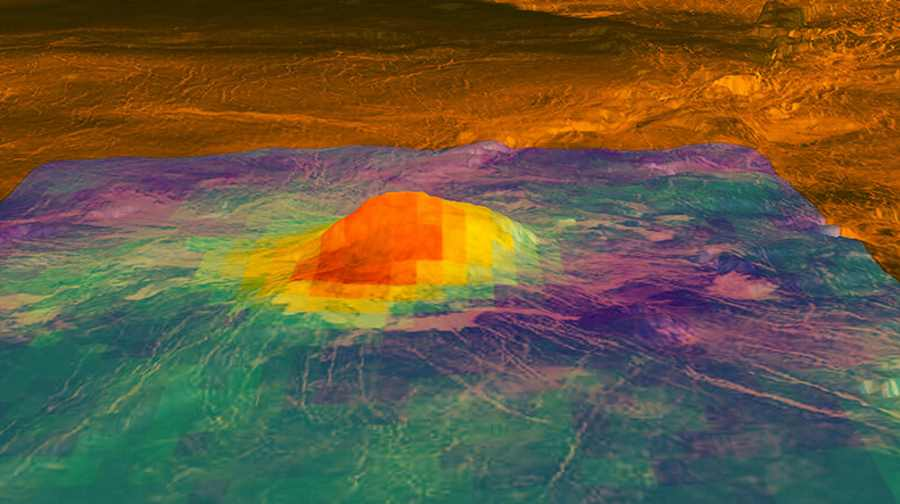 На изображении: венерианский вулкан Идунн Монс. Цвета показывают тепловые диаграммы, зарегистрированные прибором VIRTIS, установленным на АМС Venus Express.