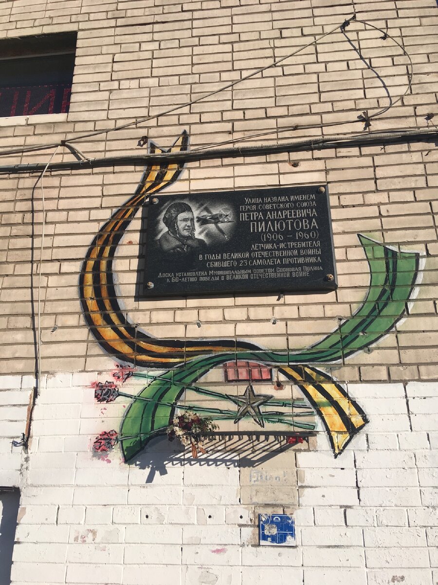 Мемориальная доска П.А.Пилютову на доме 143 корпус 1 (угол пр. Ветеранов и улицы Лётчика Пилютова)