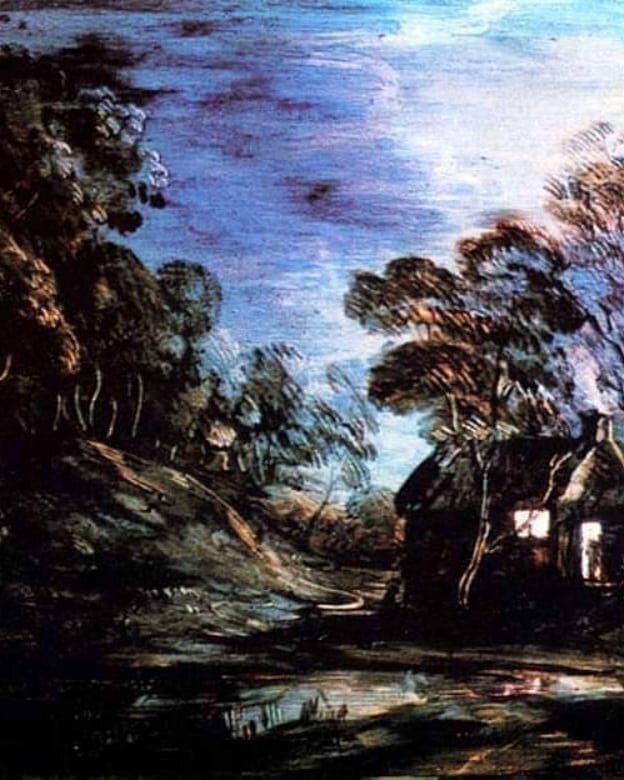 "Лунный пейзаж с домиком", стеклянный слайд Гейнсборо. СС0